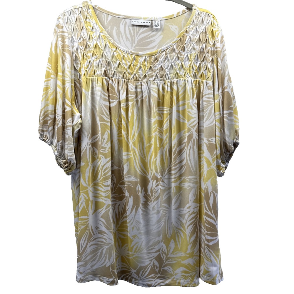Susan Graver Womens Top 1X Plus Yellow Brown White Puff Sleeve Smocked Pullover